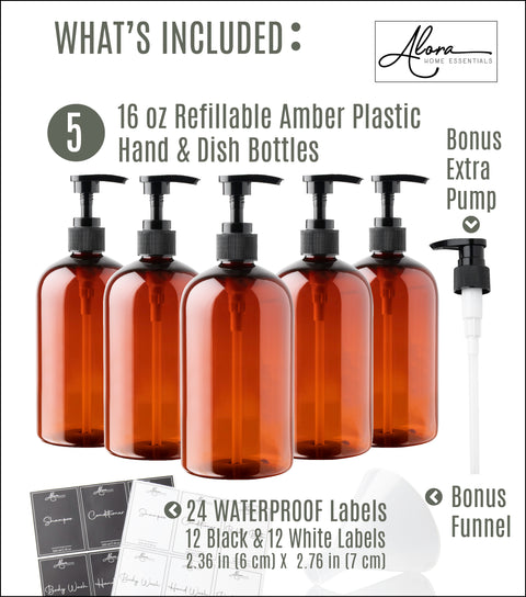 5 Piece Amber Refillable Bottle with 24 labels (12 White and 12 Black waterproof labels) - 16oz