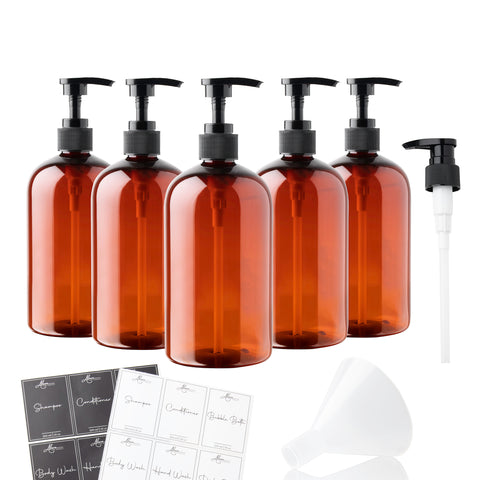 5 Piece Amber Refillable Bottle with 24 labels (12 White and 12 Black waterproof labels) - 16oz