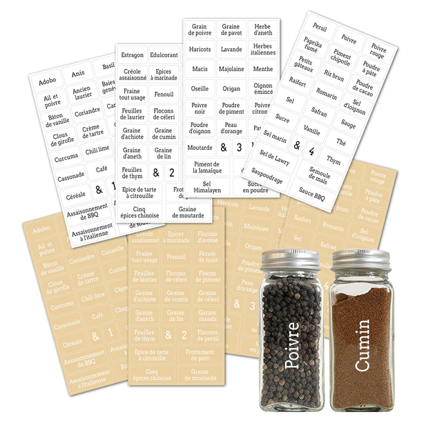 208 Piece Waterproof Kitchen Pantry Spice Labels - Black And White Script - FRENCH ONLY